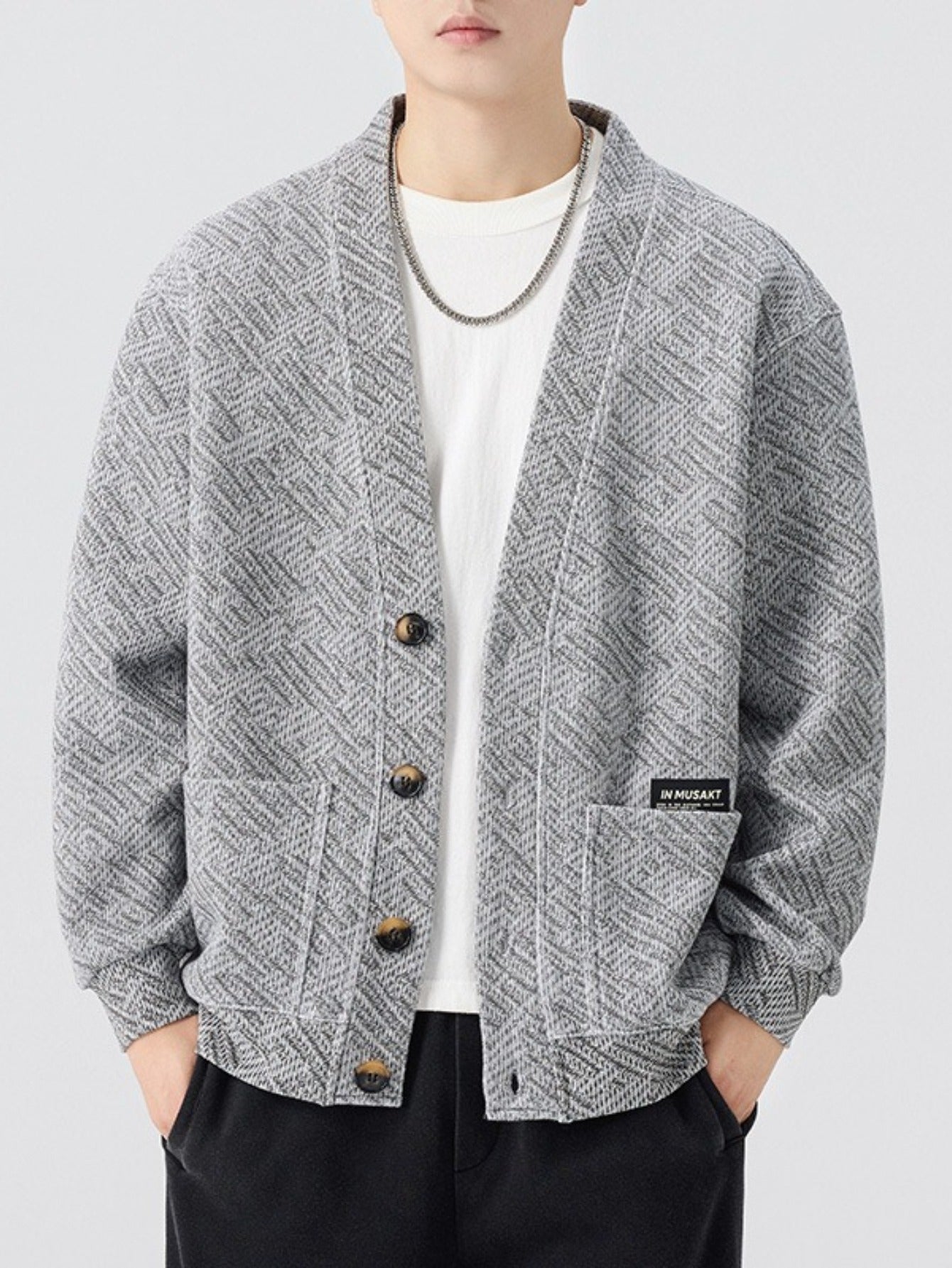 Grey Herringbone Knit Cardigan Oversized V Neck Button Front Sweater Streetwear Relaxed Top for Cafe And Campus Style