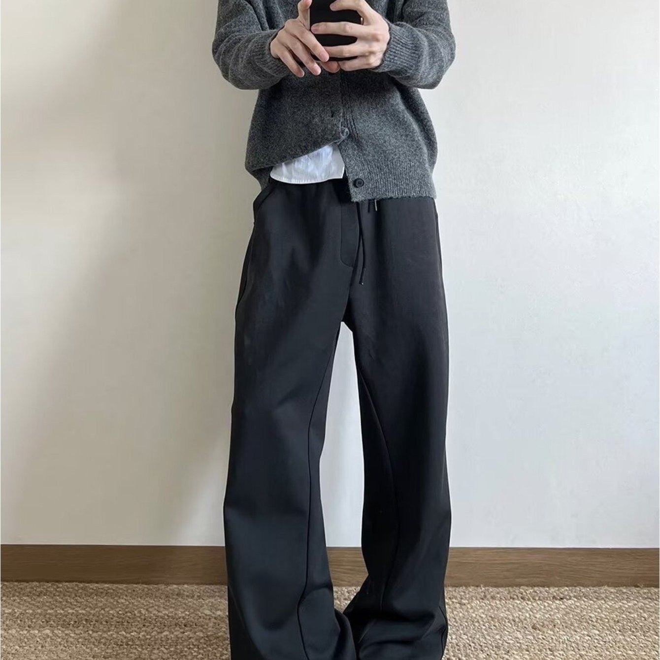 Teen Youth Men Retro Knit Cardigan Dark Gray Cashmere Mock Neck Cleanfit Style Loose Fit Versatile Minimalist Knit Jacket for Commute And Daily Outfits
