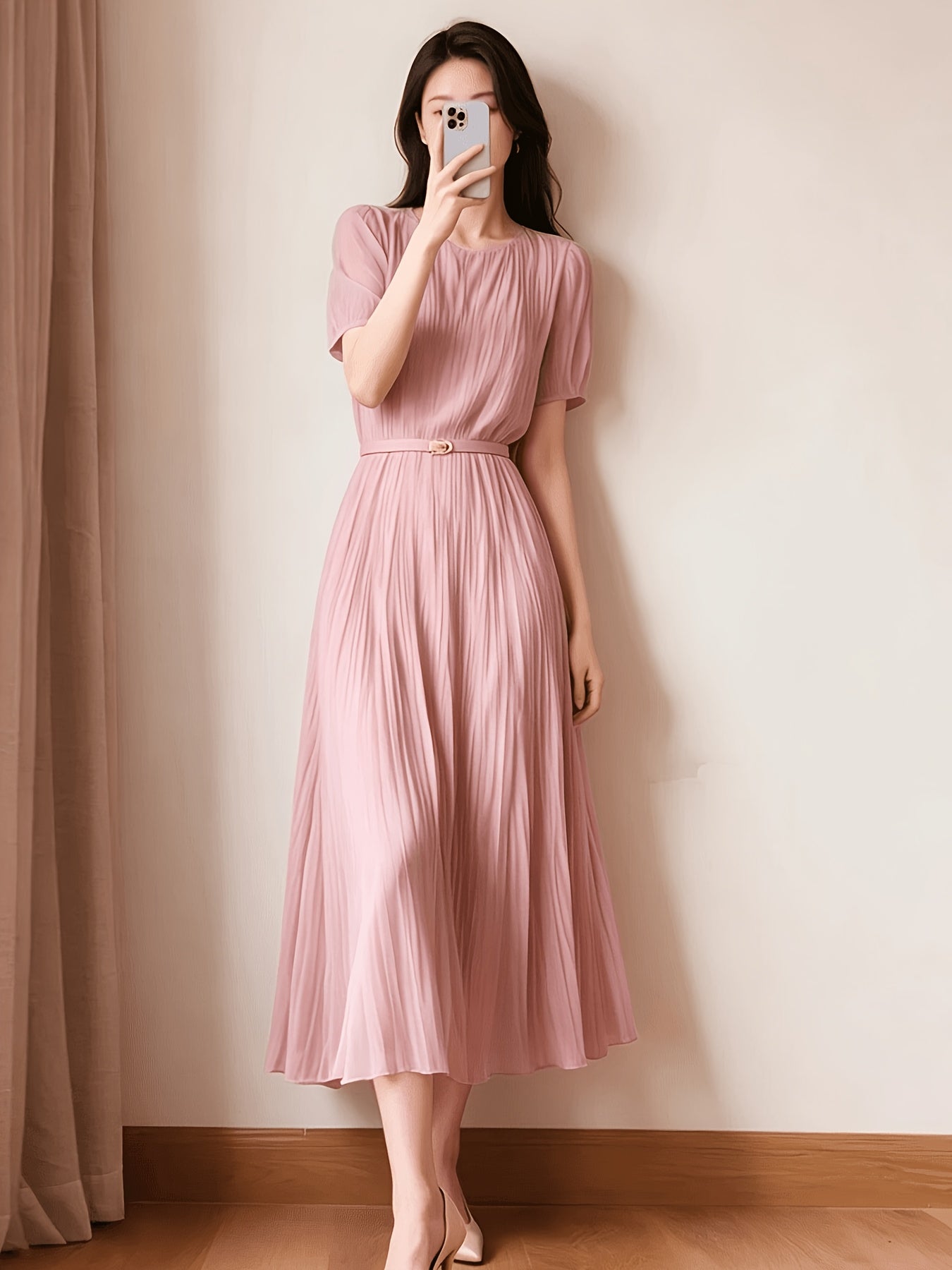 Ladies Temperament Fashion Pleated Solid Color Dress Includes Belt Party Holiday Chiffon Dress